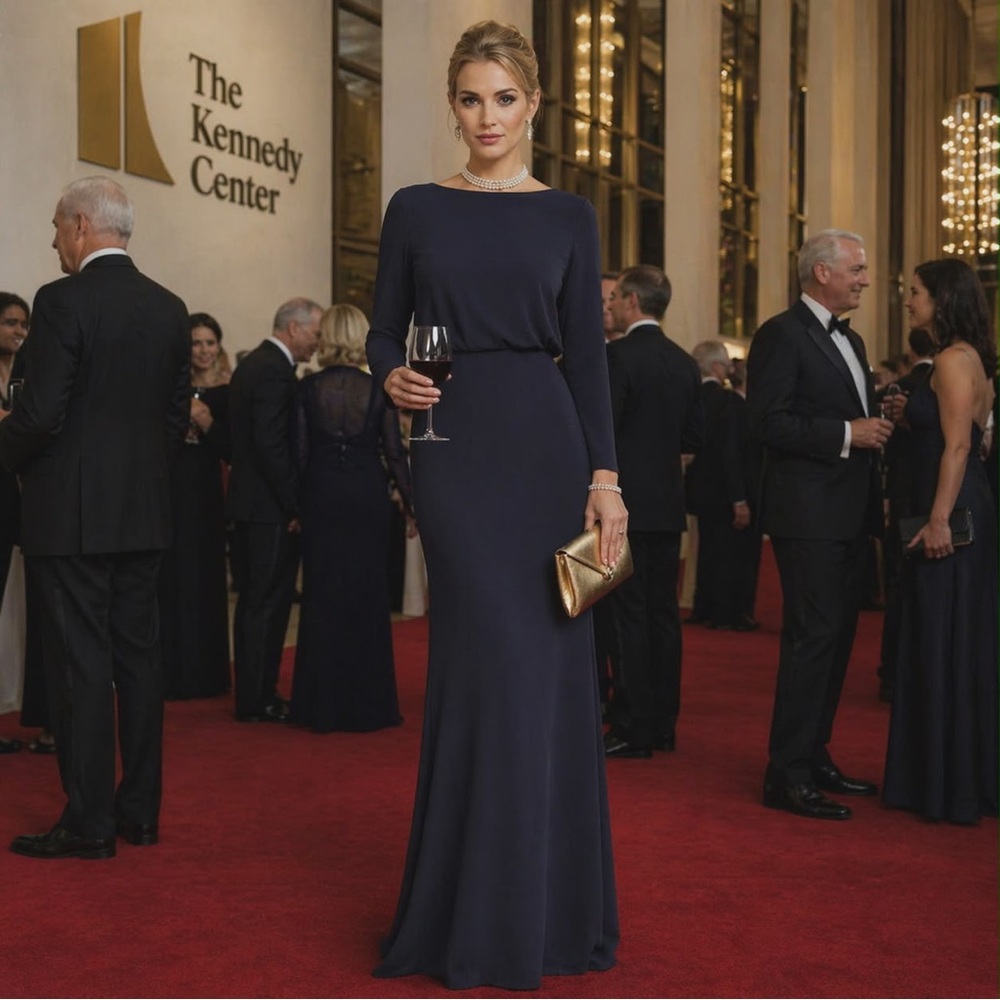 NWT Size 10. 10 Badgley Mischka Navy Minimalistic V-Back Column Gown - Picture 2 of 12